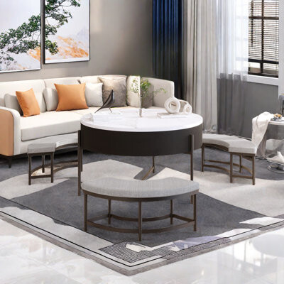 Ivy Bronx Modern Round Lift-top Coffee Table With Storage Space & 3 Ottoman