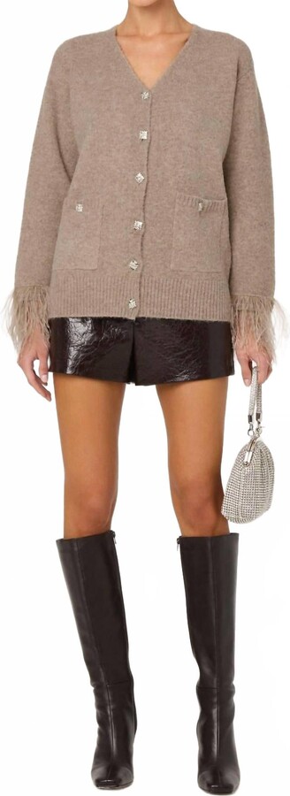 Astr Grie Embellished Feather Trim Cardigan In Taupe