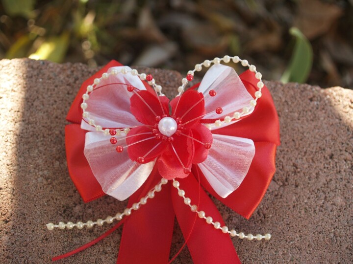 Etsy Girls Red Hair Bow Organza, Pearls & Satin Ribbon #016 For Pony Tails With Metal Barrette, White Red, Bow, Pearls, Gift