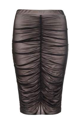 Quiz Black Mesh Ruched Front Midi Skirt