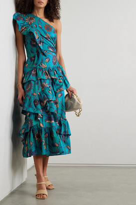 Ulla Johnson Ondine One-shoulder Ruffled Floral-print Cotton Midi Dress - Blue