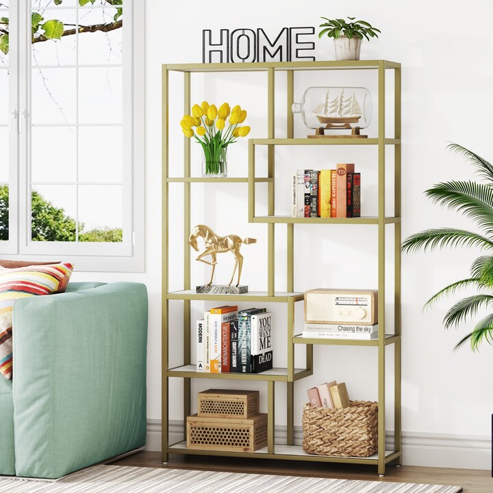 Farfarview Modern Bookshelf Bookcase, White Gold Tall Bookshelf Etagere