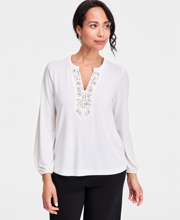 JM Collection Women's Long-Sleeve Crepe Embellished-Neck Top, Macy's Exclusive