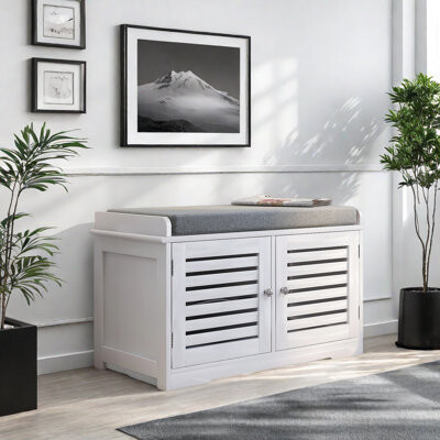 Shoe Storage Bench With Padded Seat Cushion, Entryway Bench With 2 Barn Doors-White