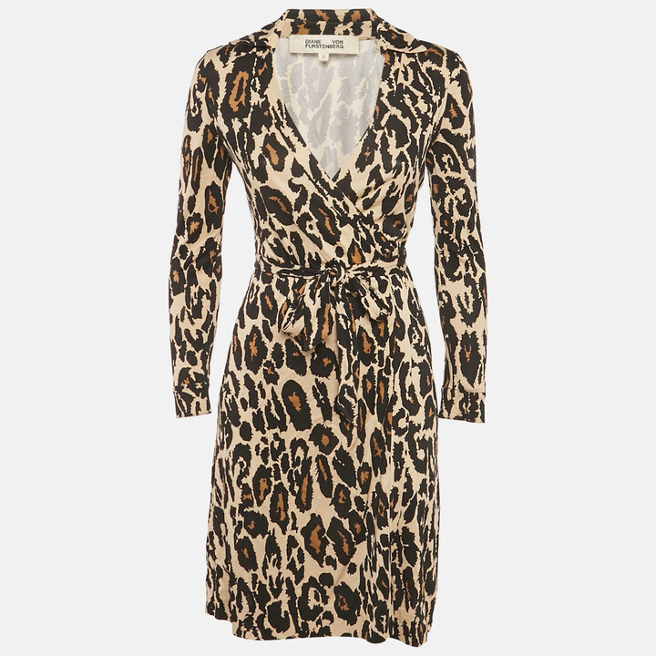 Diane von Furstenberg Brown Leopard Print Jersey Wrap Dress XS