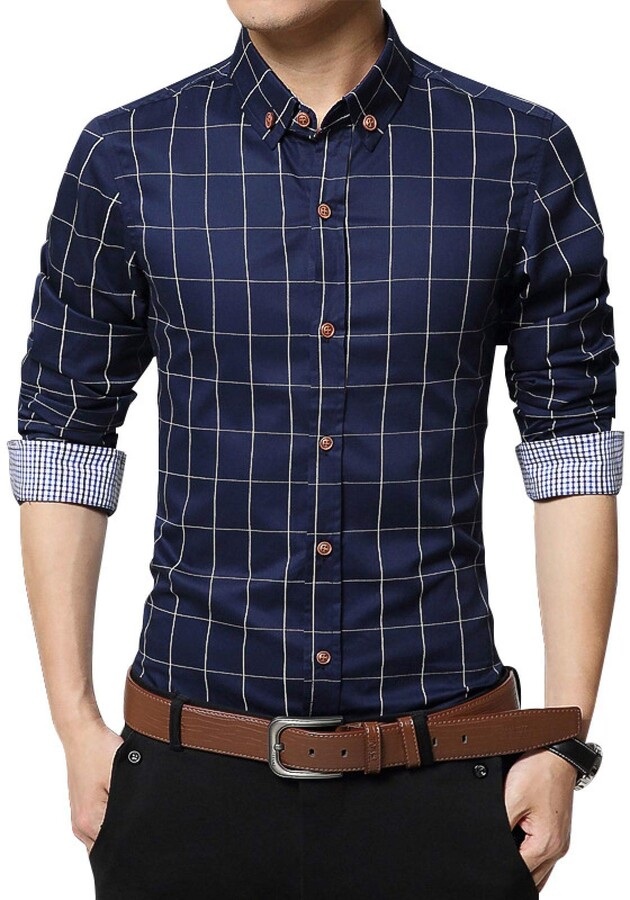 Fainash Men's Lapel Plaid Shirt Fashion Trend Thin Comfortable Daily Casual  Office Work Basics All-Match Long-Sleeved Shirt Top 5XL Navy Blue -  ShopStyle