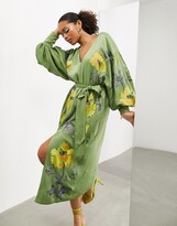 Thumbnail for your product : ASOS EDITION embroidered satin belted v neck midi dress in olive green