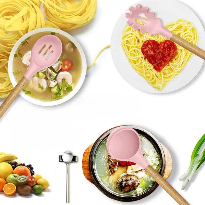 Wudkey 14-Piece Silicone Kitchen Utensil Set in Pink with Spatula, Turner, Tongs, Spoon, Brush