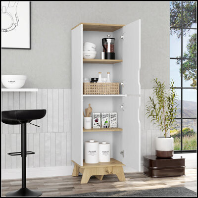 Winston Porter Rutherford 2-Door Light Oak Pantry Cabinet with Spacious Shelves, Perfect for Modern Kitchens and Organized Storage.