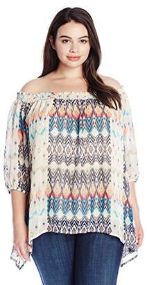 NY Collection Women's Plus Size Printed 3/4 Raglan Sleeve Off The Shoulder Top With Smocked Neck and Sharkbite Hem