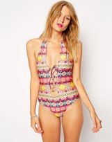 Thumbnail for your product : ASOS Bright Geo-Tribal Cut Out Tie Swimsuit