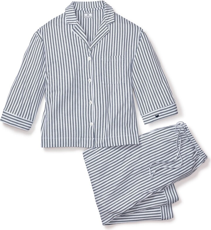 M.M. LaFleur Petite Plume Olivia Wide Leg Pima Pajama Set in Navy French Ticking