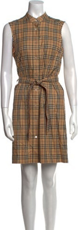 Burberry Shirtdress Neutrals Nova Check Pattern Sleeveless with Mock Neck Button Closure at Front