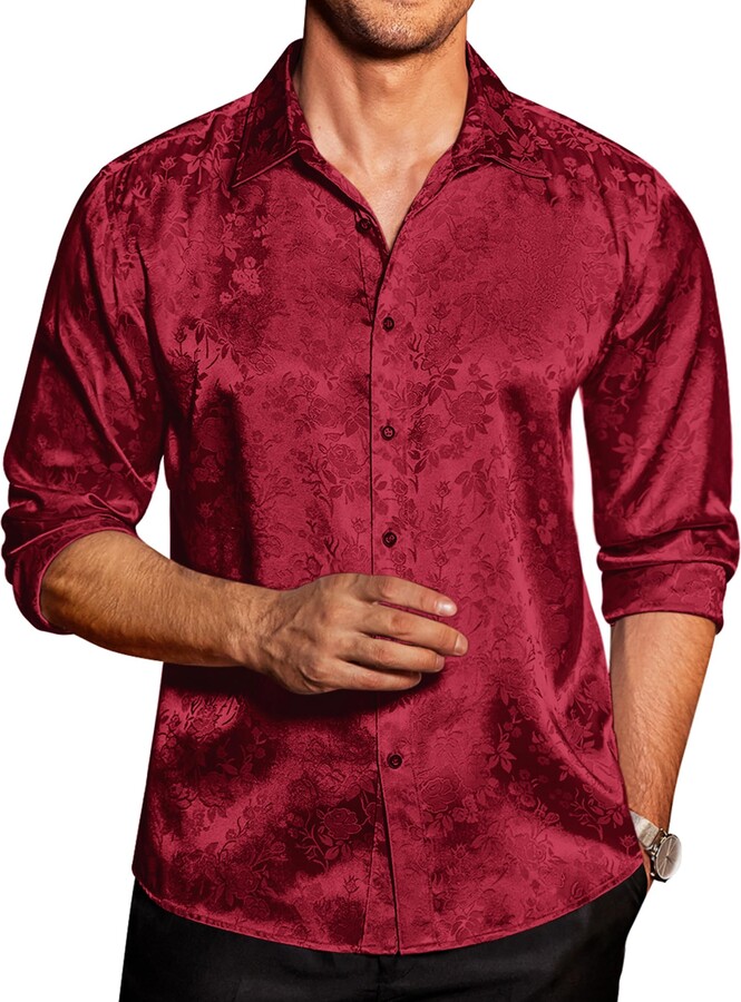 Coofandy Mens Floral Rose Printed Long Sleeve Dress Shirts Prom Wedding Party Button Down Shirts