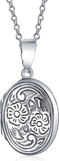Bling Jewelry BlingJewelryEmbossedScrollFloralFlowerSunflowerKeepsakePhotoOvalLocketsNecklacePendantoxidizedSterlingSilverMed