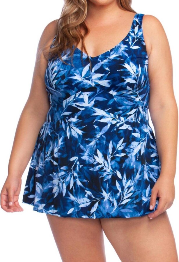 Maxine Of Hollywood Plus Size V-Neck Empire One Piece Swimdress In Navy