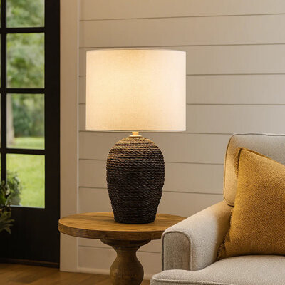 Benjara Ezzy Table Lamp With Rope-Style Rattan Base Ivory Shade