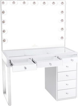 Latitude Run Mini SlayStation Kylie 1.0 Vanity Table with 2 Drawers, Vanity Mirror with Frosted LED Globe Bulbs