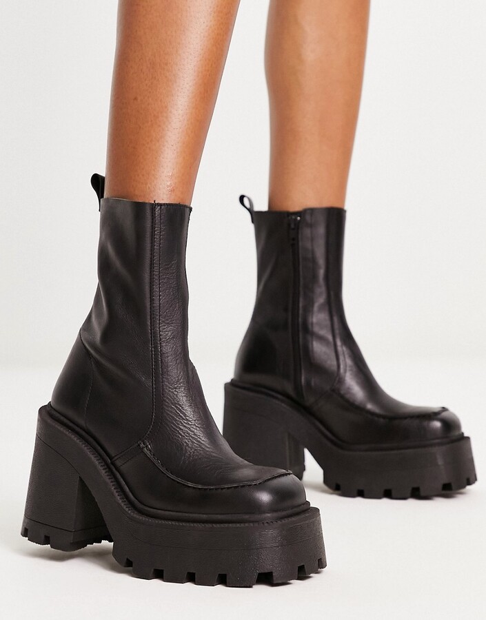 Asos Design Rider Premium Leather Chunky Heeled Boots In Black - Shopstyle