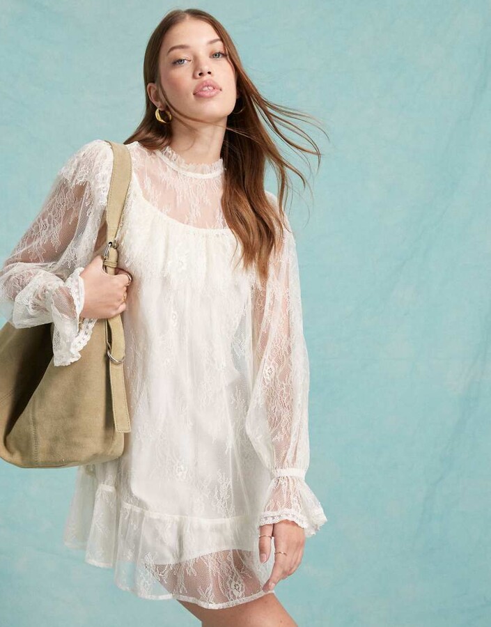 Miss Selfridge lace frill smock dress in ivory ShopStyle