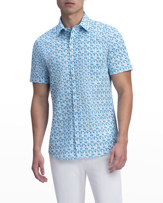 Bugatchi Short Sleeve Polo Shirt Marine Blue Geometric Mercerized Cotton $129