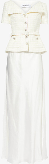 Self-Portrait Womens Cream Panelled Bouclé and Satin Tailored Maxi Dress 10