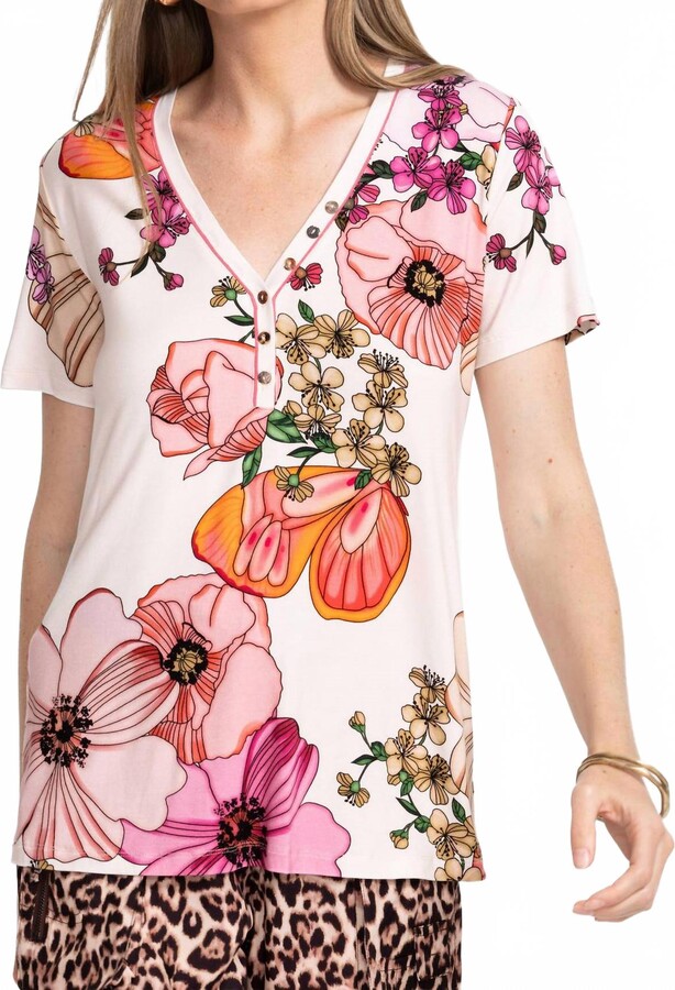 Johnny Was Janie Favorite Short Sleeve Henley Tee In Rosabelia