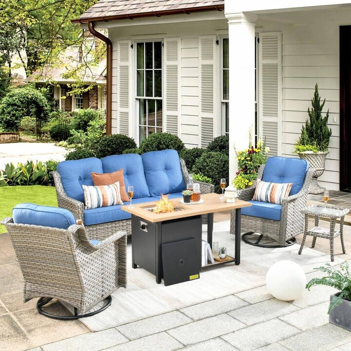 weaxty W Tulip D Gray 5-Piece Wicker Patio Storage Fire Pit Conversation Set with Swivel Rocking Chairs and Dimond Blue Cushions