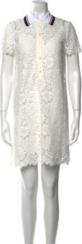 Gucci Shift Dress From the Fall/Winter 2024 Collection by Sabato De Sarno White Sylvie Web Accent Lace Trim Embellishment Short Sleeve with Collar Button Closure at Front Designer
