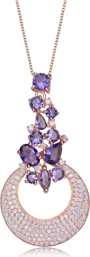 Genevive Sterling Silver 18K Rose Gold Plated Clear and Purple Cubic Zirconia Pendant Necklace