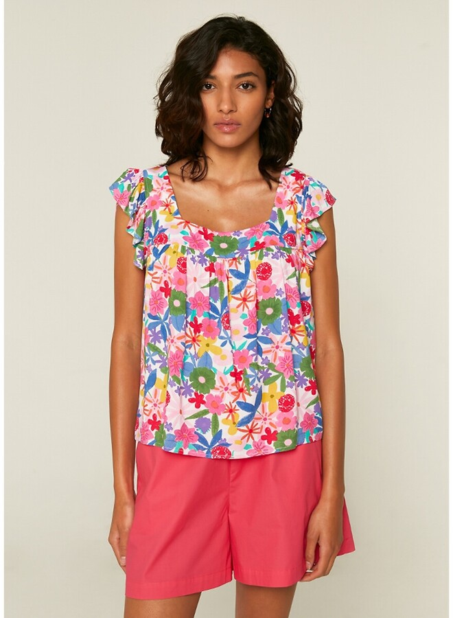 Compania Fantastica Floral Print Blouse With Short Ruffled Sleeves ...