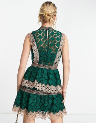 ASOS DESIGN tiered lace mini dress writh contrast lace trim detail in green  - ShopStyle