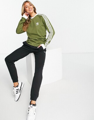 adidas adicolor three stripe boyfriend fit long sleeve t-shirt in khaki -  ShopStyle