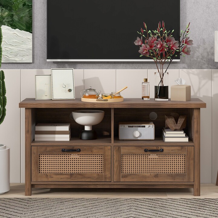 RASOO Modern TV Stand and Sideboard with Rattan Doors and Drawers