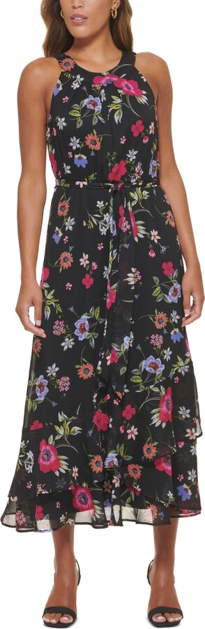 Calvin Klein Women's Tie-Waist Tiered Midi Dress - ShopStyle