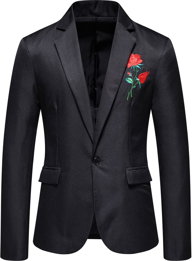 CSKJ Men's Floral Tuxedo Jacket Single Button Casual Business Rose
