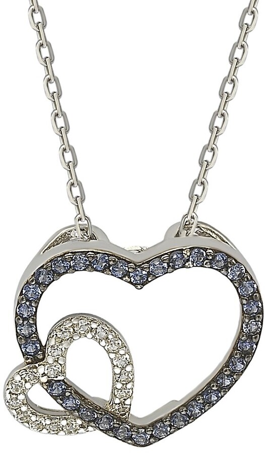 Suzy Levian Silver 0.02 ct. tw. Diamond & Sapphire Double Heart Pendant Necklace