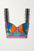 Thumbnail for your product : Versace Lace-trimmed Printed Silk-twill Bustier Top - Blue