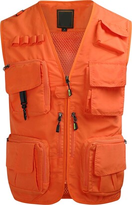 Zipper Pockets Cargo Vest, Men's Casual Outwear Zip Up Vest For Outdoor Fishing Photography, Orange Lightweight Utility Vest, Summer Breathable