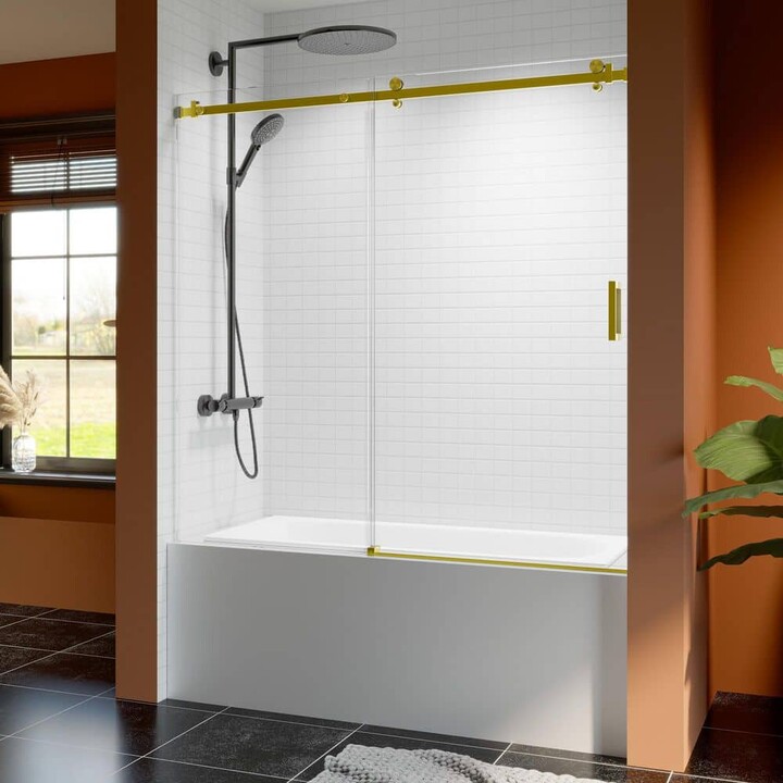 EAKYHOM Reversible 56 to 60 in. W x 60 in. H Frameless Sliding Tub Door in Brushed Gold with Tempered Clear Glass, Soft-Close