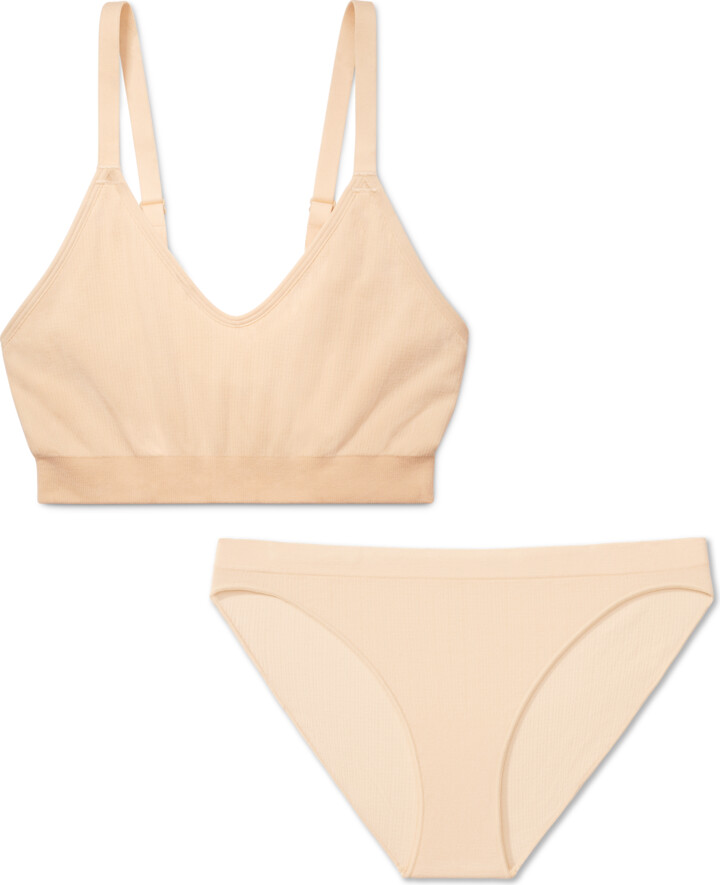 Bombas Women's Ribbed Seamless Bralette + Bikini Underwear - Wheat