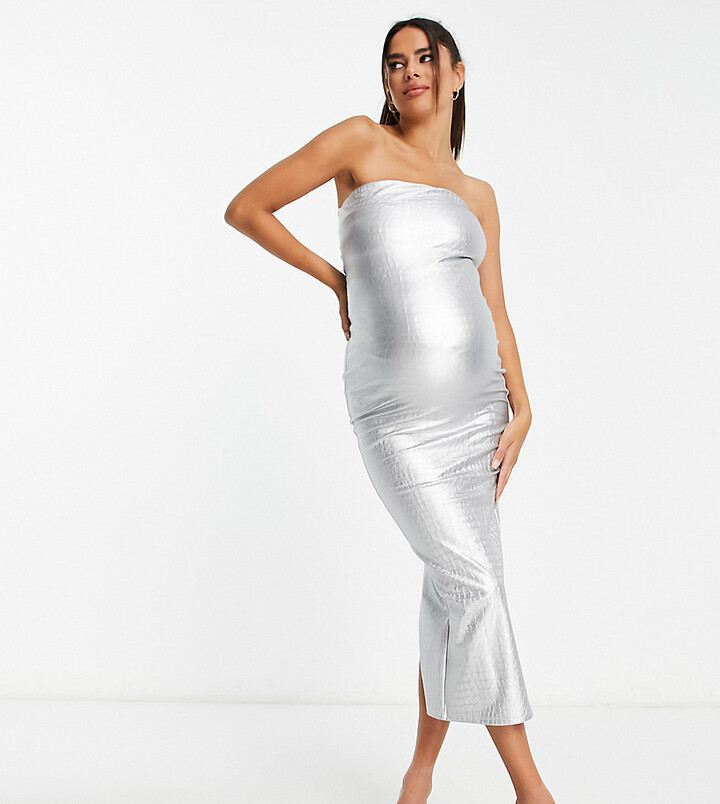 Naked Wardrobe Maternity moc croc bandeau midi pencil dress in silver -  ShopStyle