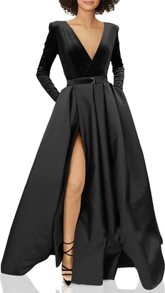 HPPEE Long Sleeve Elegant A Line Wedding Guest Dresses V Neck Satin Elegant Formal Party Gowns Black UK14