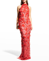 Thumbnail for your product : Pamella Roland Floral Tulle Applique Lace Halter Gown