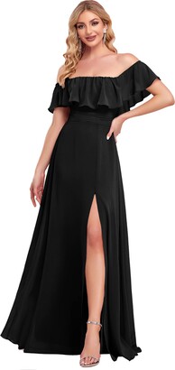 Ever-Pretty Women's Evening Dresses Off The Shoulder Ruffle A Line Thigh High Slit Pink 24