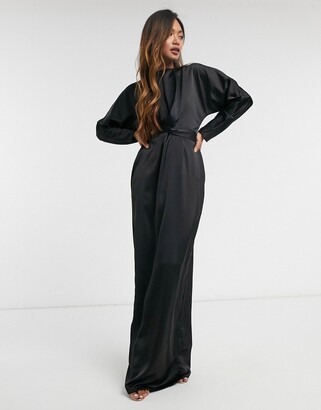 ASOS DESIGN satin maxi dress with batwing sleeve and wrap waist in black