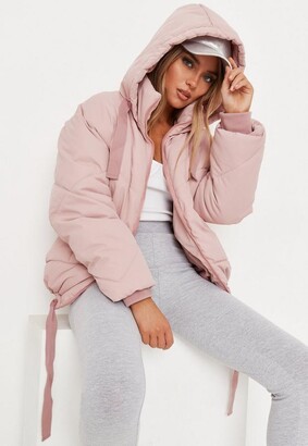 Missguided Petite Pink Oversized Hooded Ribbon Puffer Jacket - ShopStyle