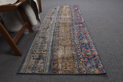 Isabelline Turkish Rug, Neutral Rugs, 2.3x7.4 ft Runner Rugs, Blue Oushak Rugs, Vintage Rug, Modern Rug