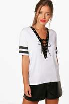 Thumbnail for your product : boohoo Petite Lace Up Stripe Sleeve T-shirt
