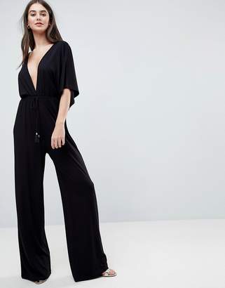 ASOS Design Jersey Plunge Jumpsuit with Kimono Sleeve and Rope Tie